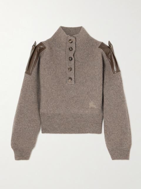 Burberry Leather-trimmed Ribbed Wool Polo Sweater