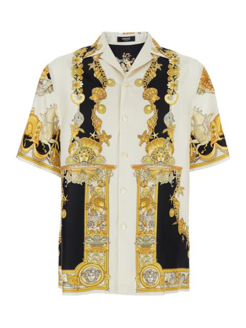 Versace Men 'Coral Teater' White Bowling Shirt With Cuban Collar And All-Over Print In Silk Man