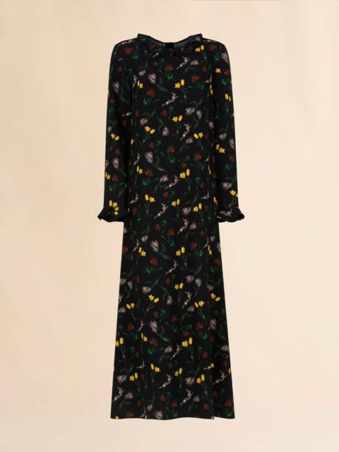 Marni BLACK ENVERS SATIN MAXI DRESS WITH TULIPS AND HARES PRINT