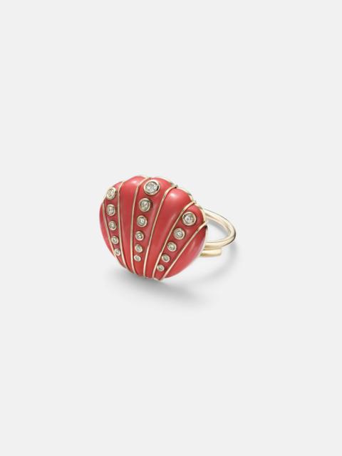 Yvonne Léon Coquillage Corail 9kt ring with diamonds and coral