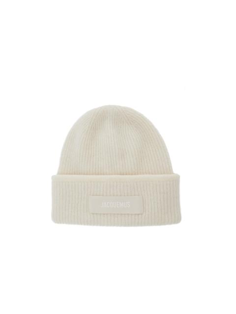 JACQUEMUS 'le Berret Gros Grain' White Beanie With Logo Patch On The Front And Ribbed Knit In Wool Blend Woman