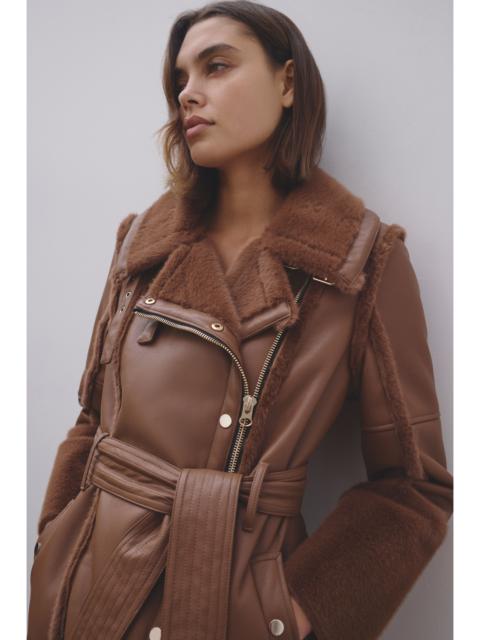 KAREN MILLEN Faux Fur Buckle Detail Belted Biker Midi Coat