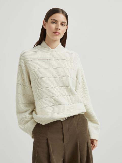 Brunello Cucinelli Dazzling cashmere and wool ribbed sweater with openwork stripe