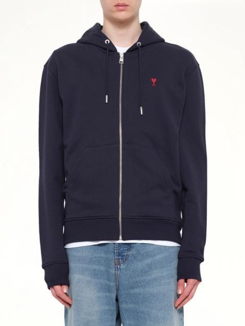 AMI Paris Red Ami De Coeur Zip Hoodie in Navy