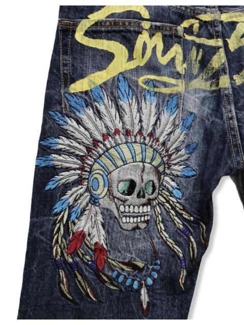 Other Designers If Six Was Nine - SORRIDERE Indian Chief Head SKULL Embroidery Denim Shorts