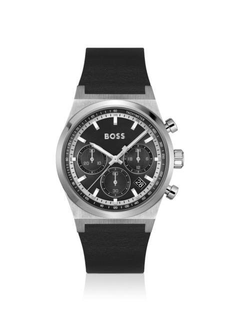 BOSS SILVER-TONE CHRONOGRAPH WATCH WITH BLACK LEATHER STRAP