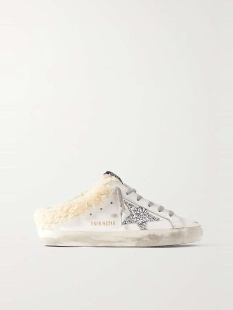Superstar Sabot shearling-lined distressed glittered leather slip-on sneakers