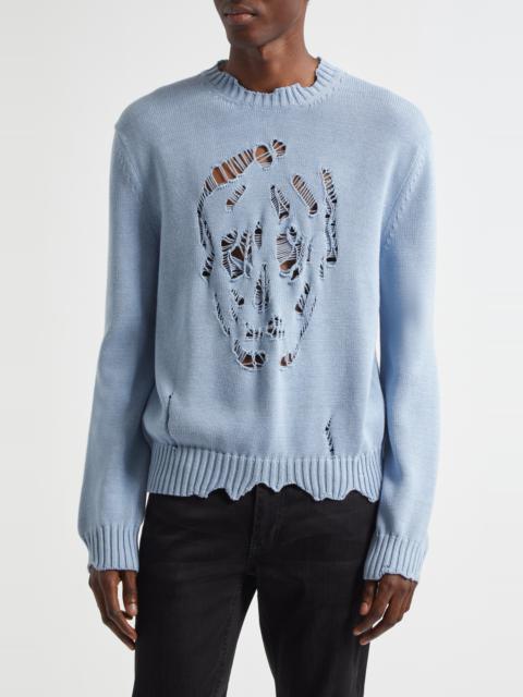 Alexander McQueen McQueen Distressed Skull Crewneck Sweater in Shirting Blue at Nordstrom