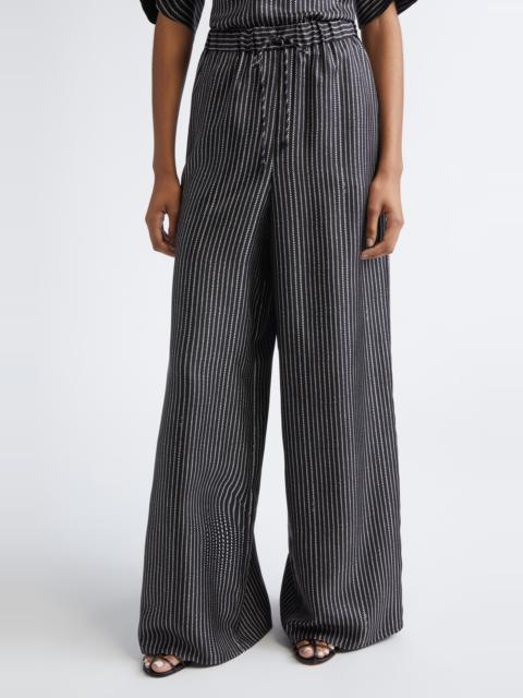 Max Mara Max Mara Clarino Broken Stripe High Waist Wide Leg Silk Pants in Black White at Nordstrom