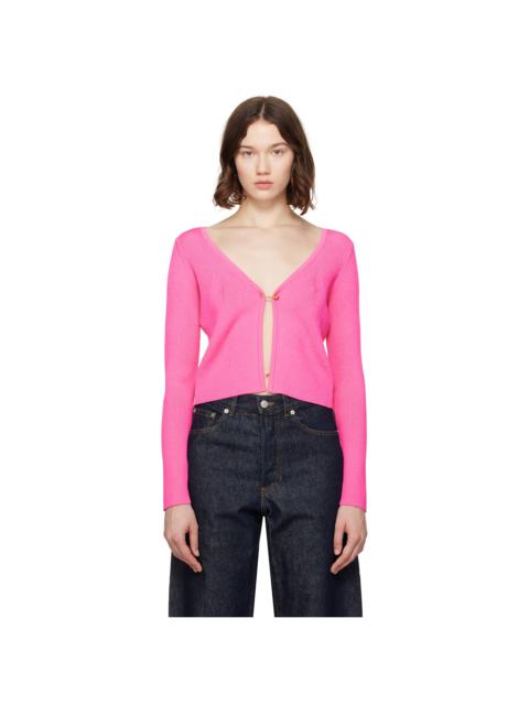 Pink Safety Pin Ribbed Knit Fitted Cardigan