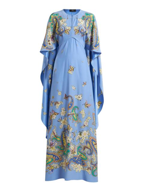 Etro Cape-Detailed Silk Maxi Dress blue