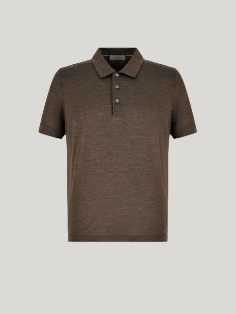 Canali BROWN SILK POLO SHIRT WITH FABRIC DETAILS