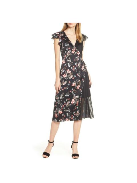 Other Designers Avec Les Filles Dress Cosmo Flower Satin Chiffon Wrap Black Red Floral Sz 8 NWT