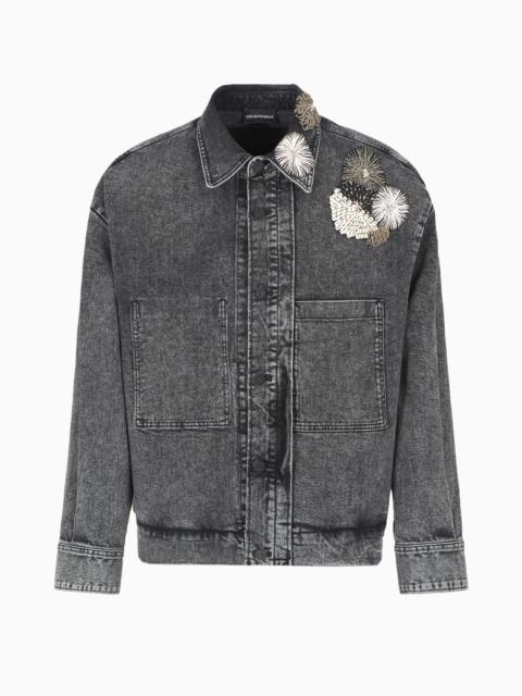 EMPORIO ARMANI GARMENT-TREATED DENIM JACKET WITH METALLIC NAUTICAL EMBROIDERY