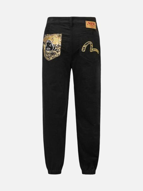 EVISU GODHEAD AND SEAGULL BROCADE APPLIQUÉ STRAIGHT FIT WOVEN JOGGERS