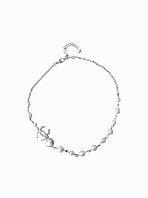 CHANEL Chanel 23B Crystal Strass CC Heart Pearl Necklace Silver