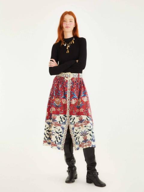 FARM RIO Red Winter Breeze Buttoned Belted Organic Cotton Midi Skirt