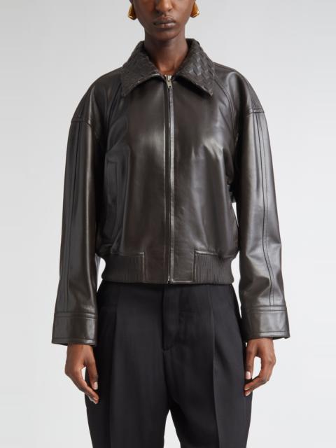 Bottega Veneta Bottega Veneta Intrecciato Collar Leather Bomber Jacket in 2113 Fondant at Nordstrom