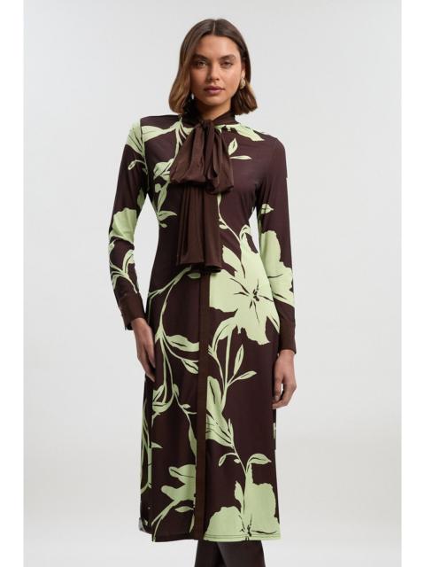 KAREN MILLEN Floral Print Bow Detail Ruched Long Sleeve Crepe Maxi Dress