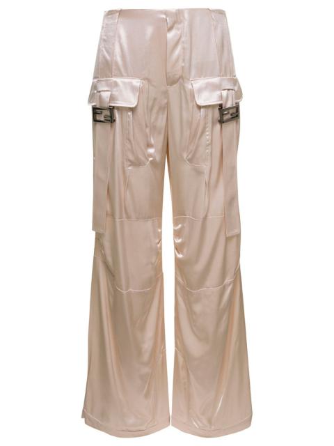 FENDI Fendi Women Ivory White Satin Cargo Pants With Ff Baguette Buckles In Viscose Woman