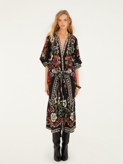 FARM RIO Black Rococo Flowers Belted Midi Dress