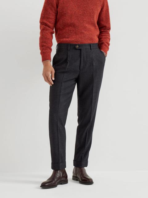 Brunello Cucinelli Wool, cashmere and silk tone-on-tone Prince of Wales leisure fit trousers with pleat