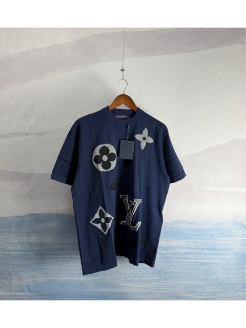 Louis Vuitton Louis Vuitton Dark Blue Short-Sleeve Top with Allover Embossed Floral Print
