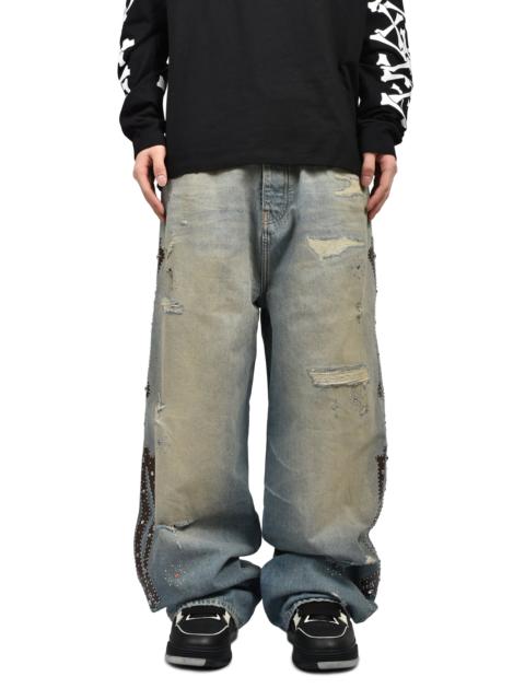AMIRI BONES STUDDED BAGGY JEAN / DRIFTWOOD BLUE