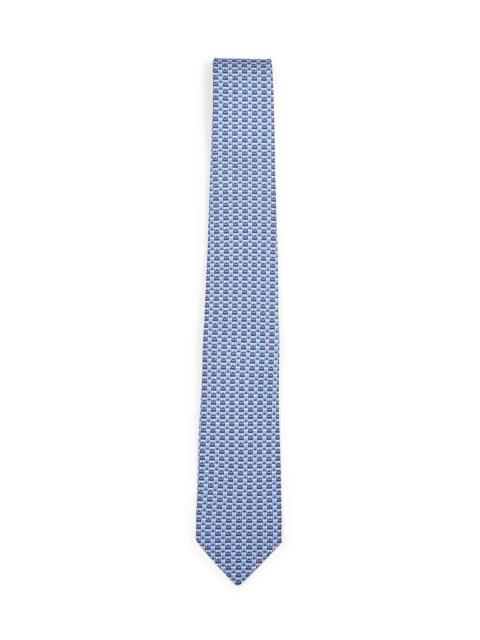 FERRAGAMO Blue silk tie with two-tone Gancini print