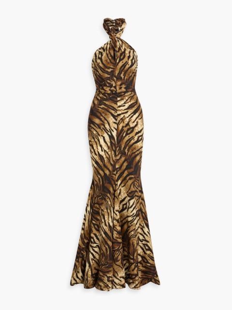 RONNY KOBO Affina tiger-print silk-blend halterneck gown
