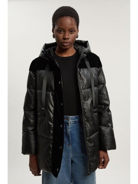 KAREN MILLEN Faux Leather Padded & Velvet Mix Hooded Coat