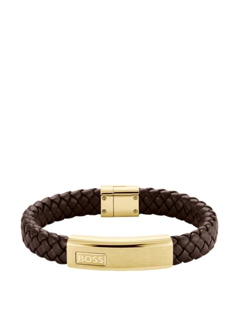 BOSS BROWN BRAIDED-LEATHER CUFF WITH GOLD-TONE LOGO PLATE