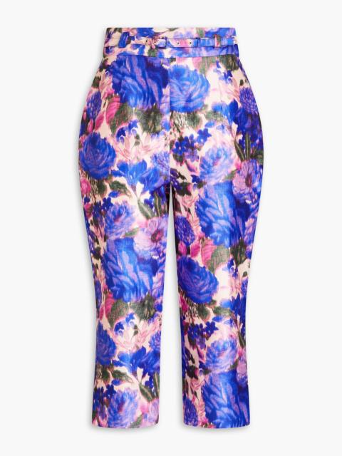 Zimmermann Belted copped floral-print silk-satin tapered pants