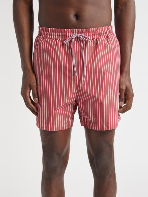 Thom Browne Thom Browne Stripe Nylon Swim Trunks in Burgundy at Nordstrom