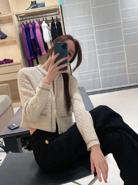 CHANEL Chanel 23B Chain Trim White Knit Cardigan