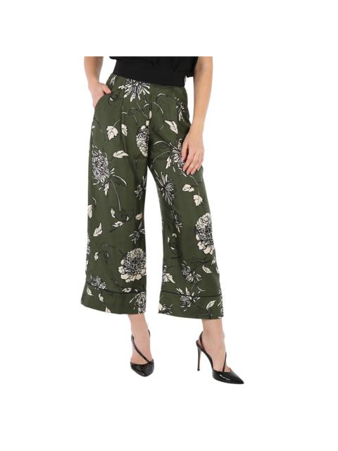 Moncler Ladies Green Floral Silk Pants