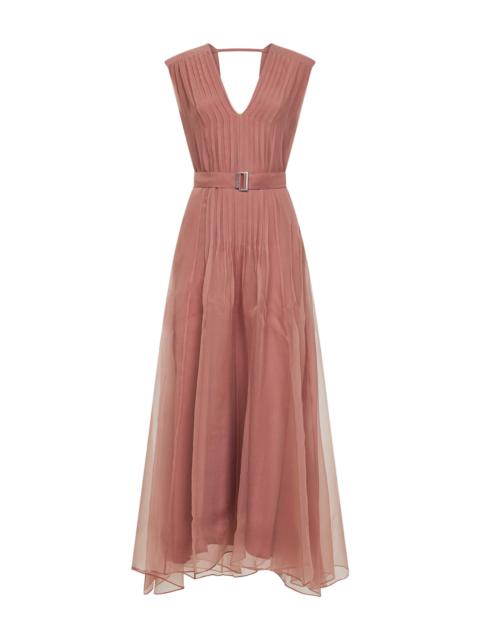 Brunello Cucinelli Brunello Cucinelli Women Pink Crispy Silk Belted Long Dress With Monili