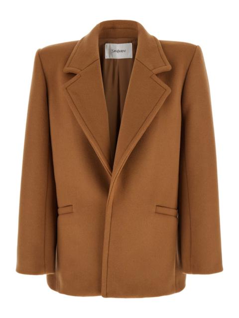 SAINT LAURENT Saint Laurent Women Brown Coat With Classic Lapels And Shoulder Pads In Virgin Wool Woman