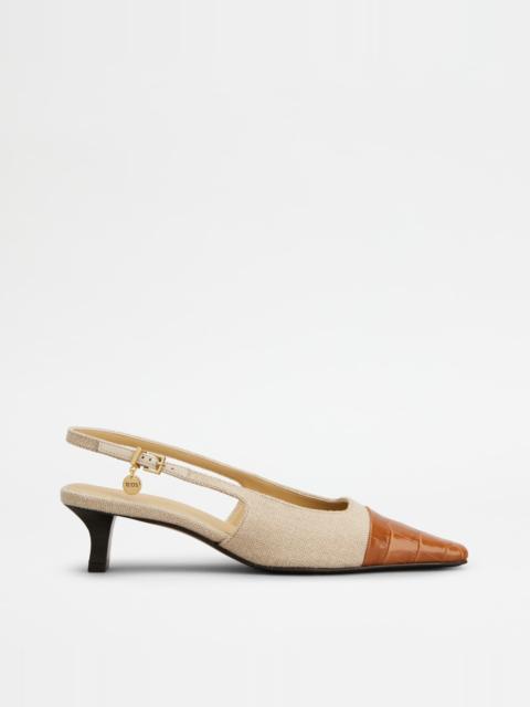 Tod's SLINGBACK PUMPS IN CANVAS AND LEATHER - BEIGE, BROWN