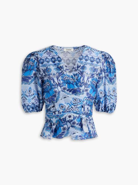 Sandro Printed linen-blend gauze wrap blouse