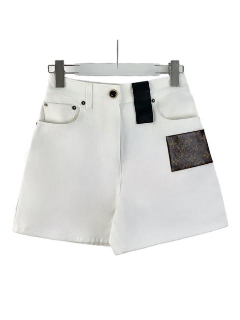 Louis Vuitton Louis Vuitton White Monogram Pieced Leather Logo Denim Shorts
