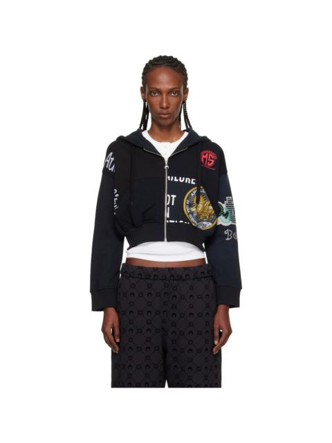 Marine Serre Black Regenerated Graphic Jersey Cropped Zipped Hoodie