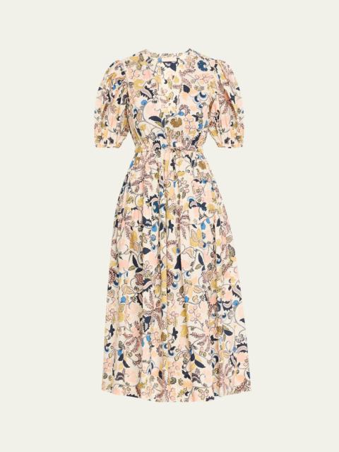 ULLA JOHNSON Adriana Puff-Sleeve V-Neck Midi Dress