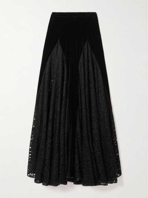 LORETTA CAPONI Velvet-paneled Lace Midi Skirt
