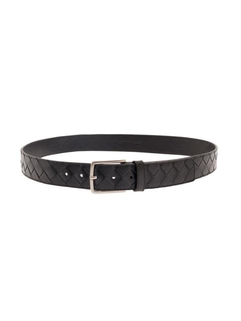 Bottega Veneta Bottega Veneta Men Black Belt With Silver-Colored Buckle In Intreccio Leather Man