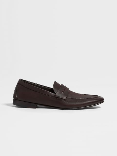 ZEGNA DARK BROWN NATURAL GRAIN LEATHER MOCASSIN LOAFER