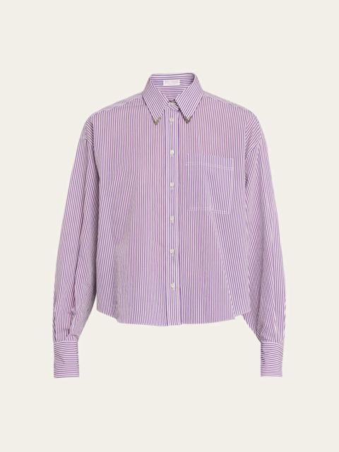 Brunello Cucinelli Techno Cotton Button-Front Top with Brass Trim