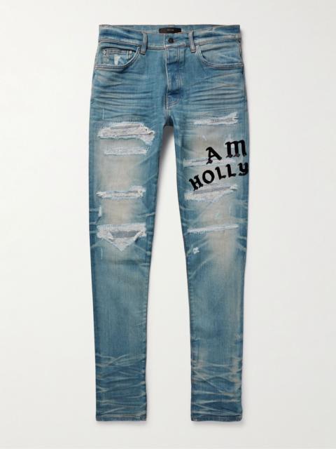 AMIRI Hollywood Skinny-Fit Logo-Flocked Distressed Jeans Blue