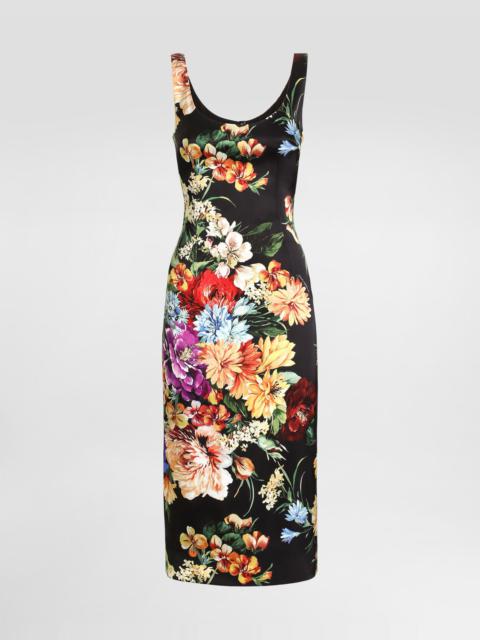 Flower-print fitted satin dress