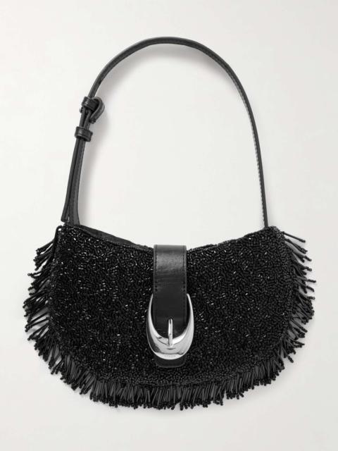 Alana leather-trimmed fringed beaded satin shoulder bag Black